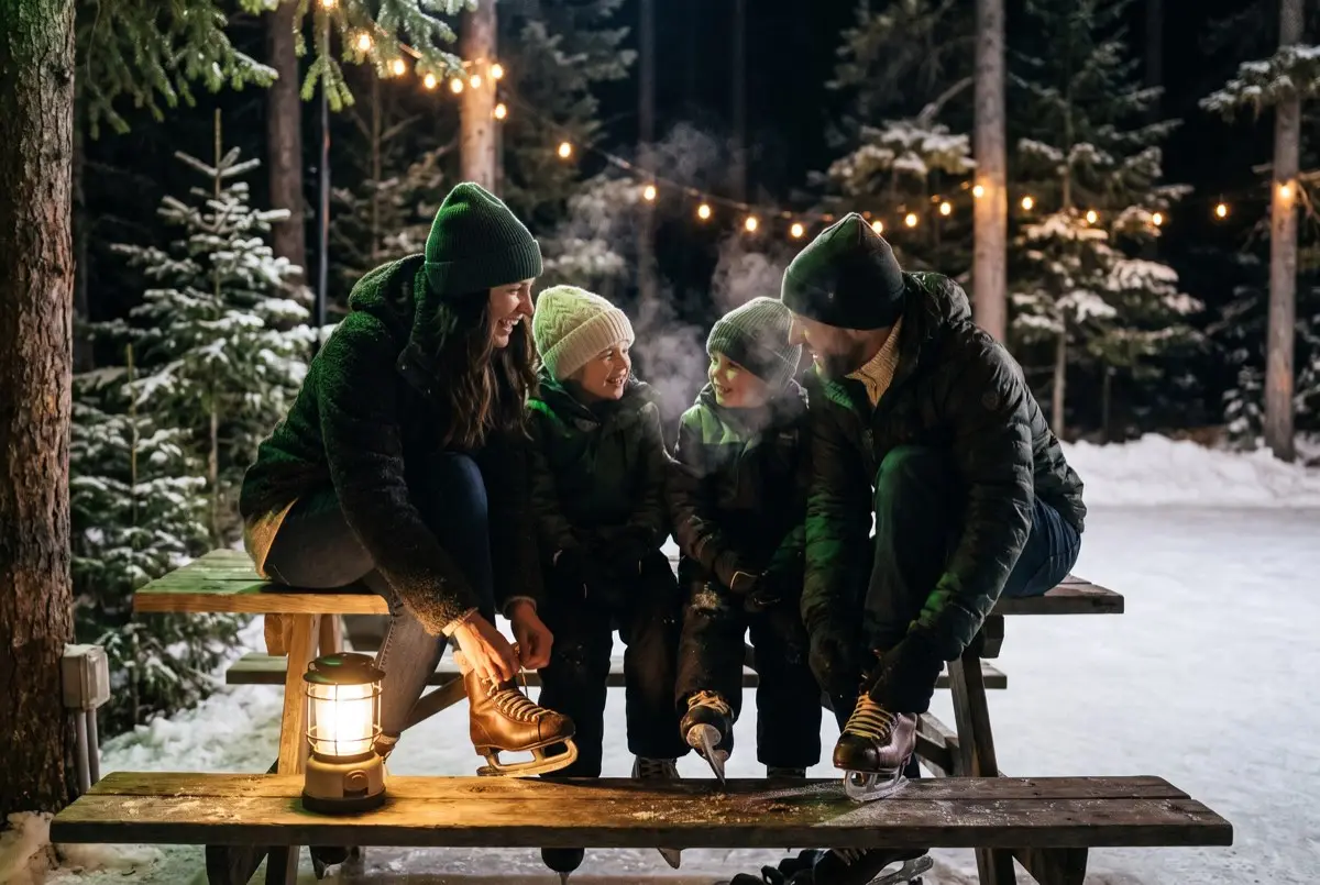 A family lacing up their skates together on a bench beside the rink